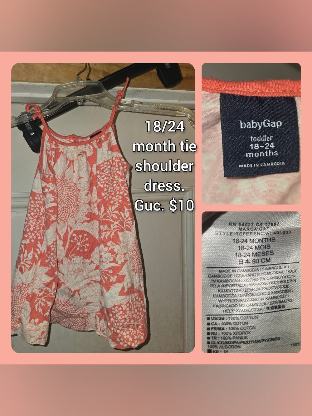 GAP Coral and White Floral Tie-Shoulder Toddler Dress